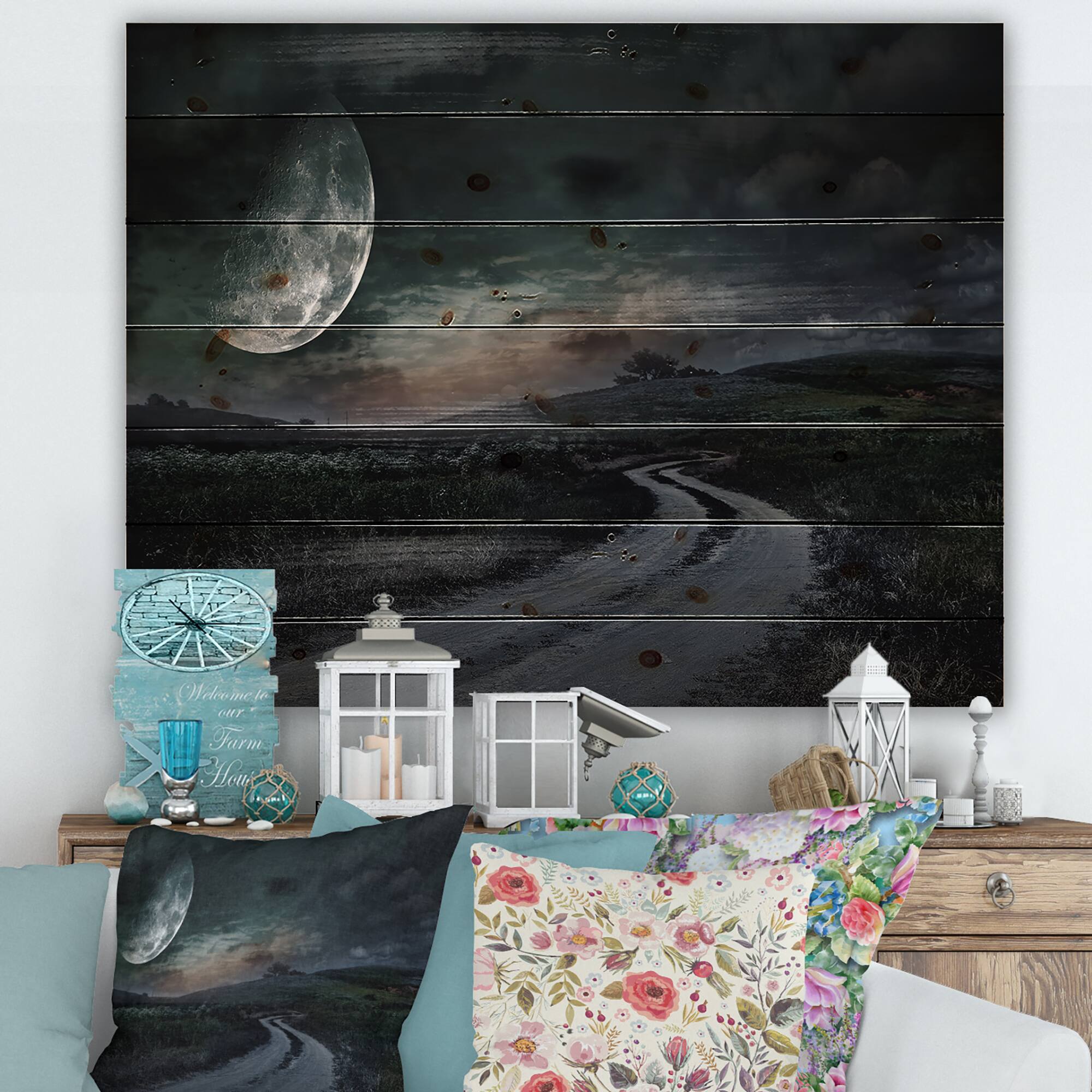Designart - Rural Road Through The Meadow Under Full Moon